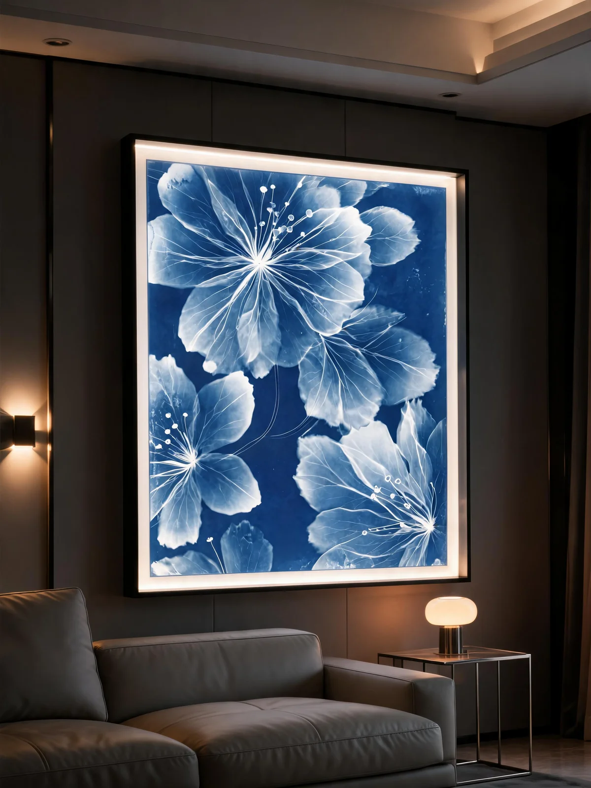 Floral Cyanotype III shown on a wall in a room